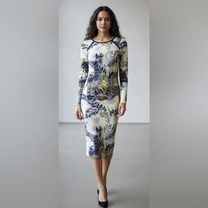 Topshop Palm Tree Cityscape Print Midi Dress With Zipper Detail Size 6